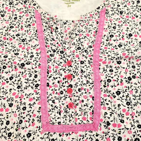 Healing Hands Scrub Top Women's 3X Pink Floral Notch Neck Placket 100% Cotton - Picture 3 of 8
